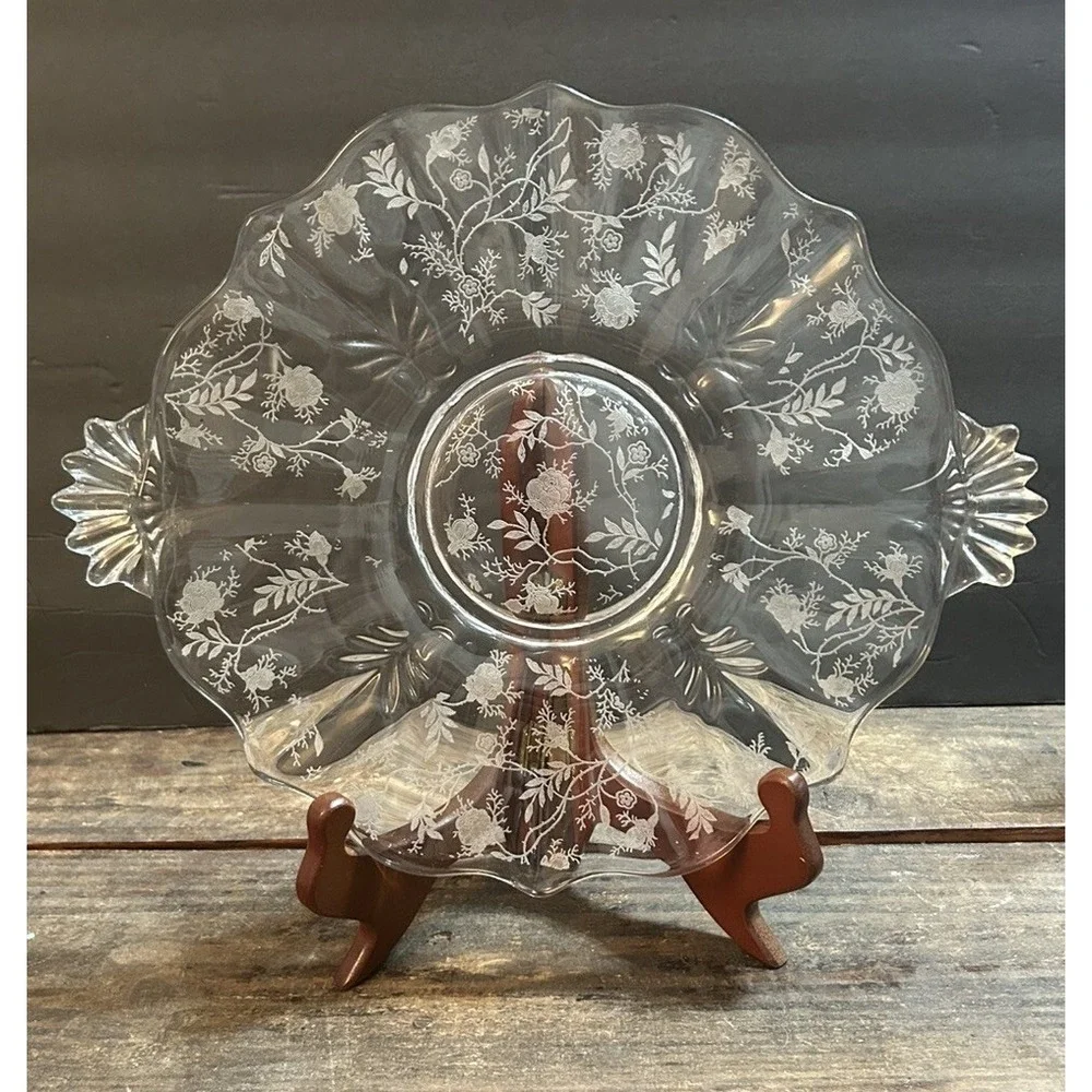 Fostoria Chintz Baroque Glass Floral Clear Dessert Plate Platter Vtg Decor MCM